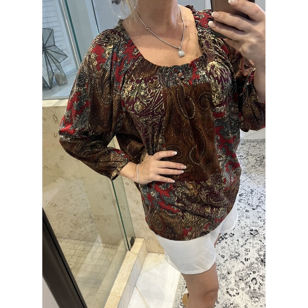 Chaps Ralph Lauren Smocked Neck Paisley Blouse Red Brown Purple 3X Plus